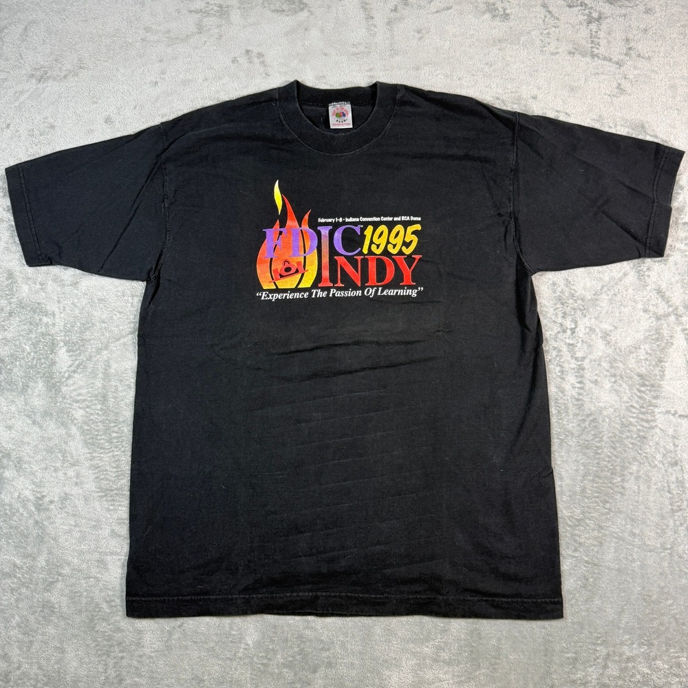 Fruit of the Loom Mens XL FDIC 1995 Indy T-Shirt Vintage Black Single Stitch USA